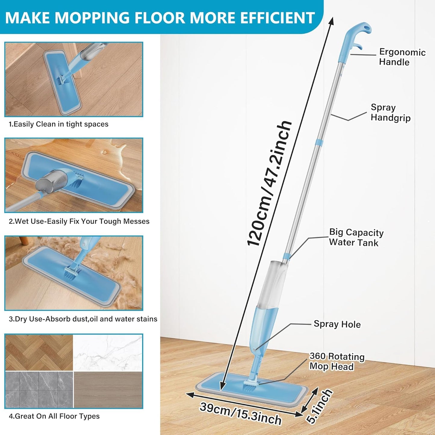 Spray Wet Mops for Hardwood Floor Cleaning: MEXERRIS Floor Mop with 5 Washable Pads for Swiffer Powermop & 2 Refillable Bottles - Home Commercial Dust Dry Mops for Wood Laminate Vinyl Tiles Ceramic