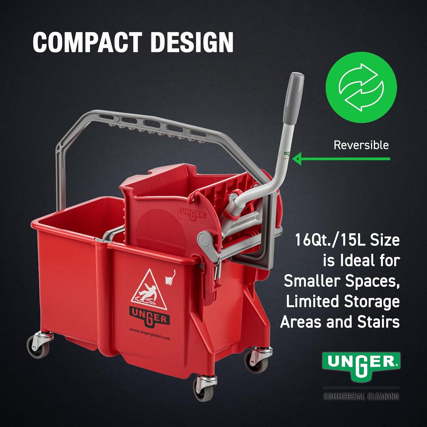 Unger Commercial - SmartColor Dual-Compartment Restroom Mop Bucket with Side-Press Wringer, 16 qt, Red - Restroom Cleaning - COMSR