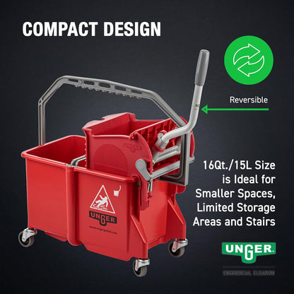 Unger Commercial - SmartColor Dual-Compartment Restroom Mop Bucket with Side-Press Wringer, 16 qt, Red - Restroom Cleaning - COMSR