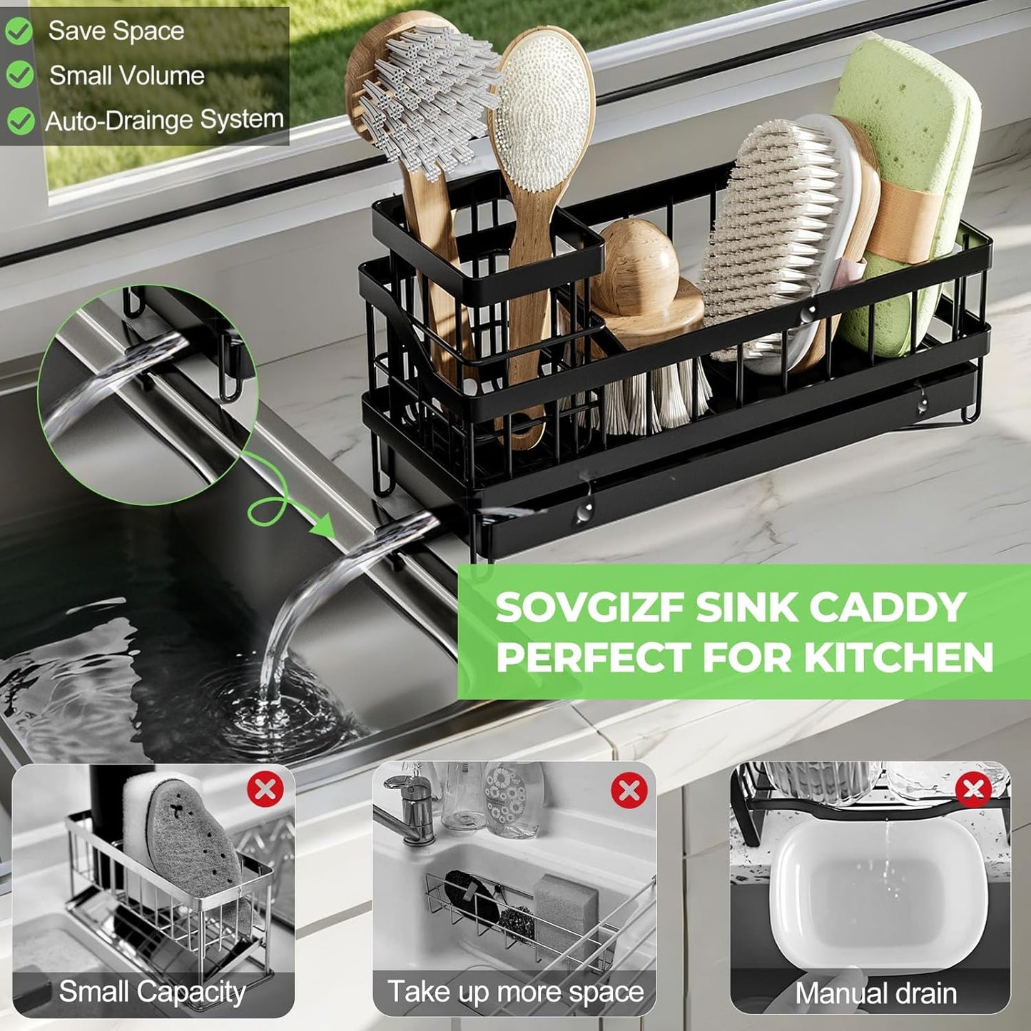 Sponge Holder for Kitchen Sink,Sink Caddy Organizer with Removable Brush Holder,Kitchen Countertop Soap Dispenser Storage with Detachable Towel Rack,Black
