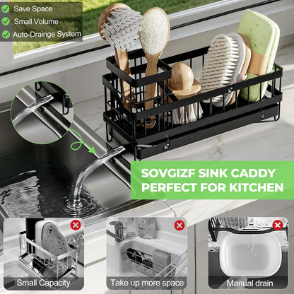 Sponge Holder for Kitchen Sink,Sink Caddy Organizer with Removable Brush Holder,Kitchen Countertop Soap Dispenser Storage with Detachable Towel Rack,Black