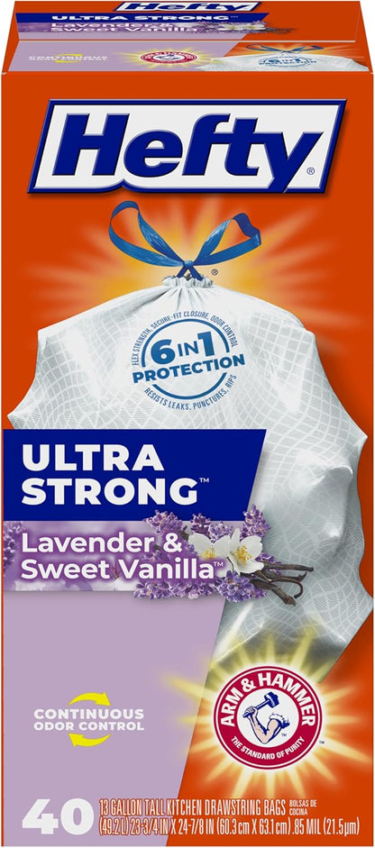 Hefty Ultra Strong 13 Gallon Trash Bags, Tall Kitchen Trash Bags 13 Gallon Size, Drawstring Closure, Continuous Odor Control, White, Lavender and Sweet Vanilla Scent, 110 Bags