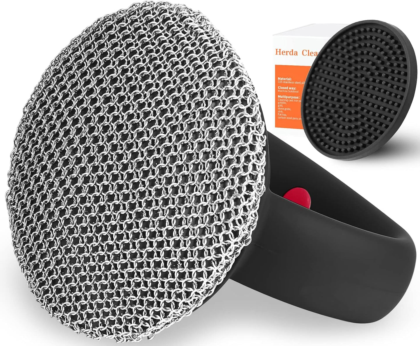 Cast Iron Cleaner Scrubber with Heavy Duty Handle, 3mm Welded Chain Mail Scrubber for Pan Pot Cleaning - Small Ring Chainmail Scrubber Metal Scrub Sponge Skillet, Oven, Griddle, Wok Brush
