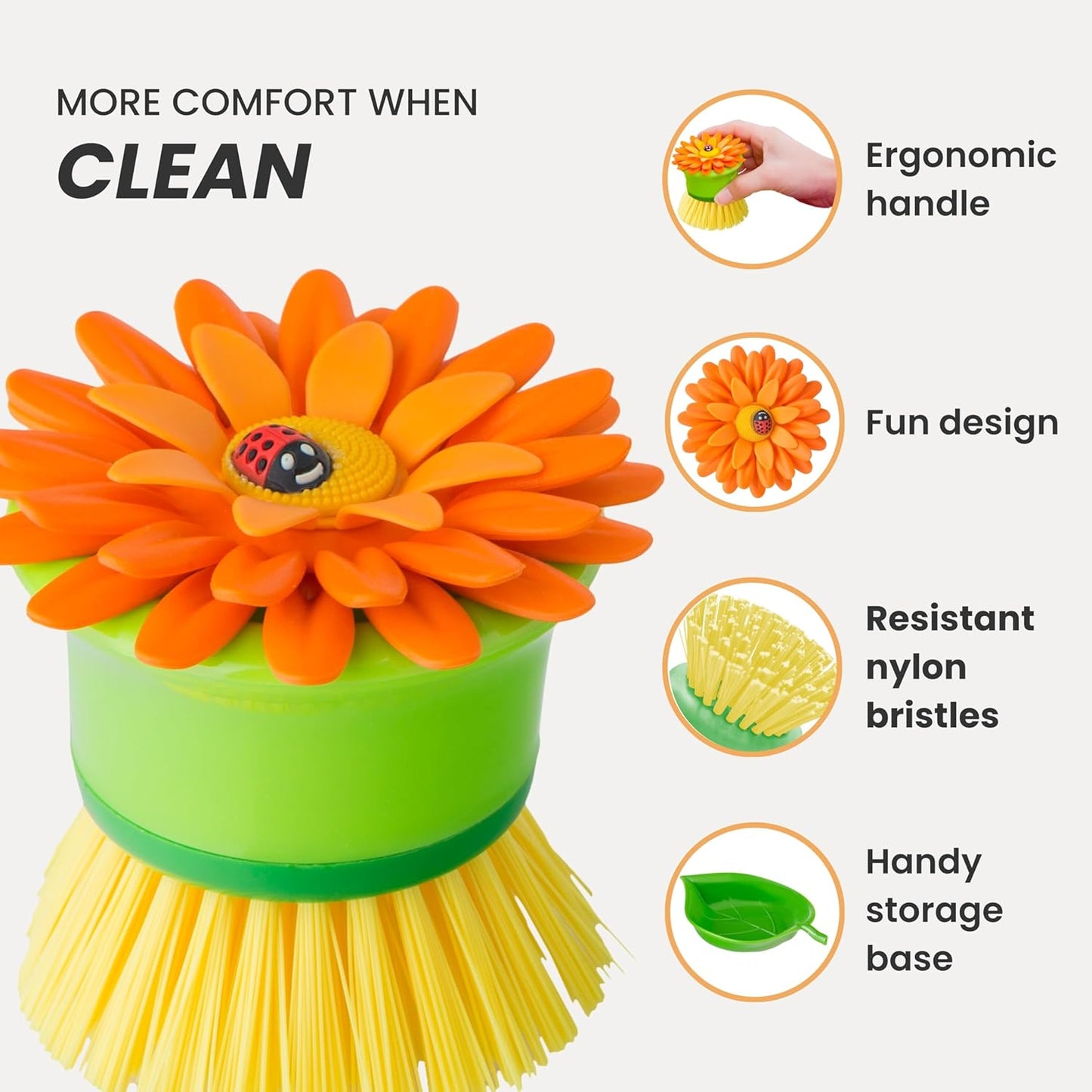 Vigar Flower Palm Dish Scrub Brush with Holder, Perfect Kitchen Brushes for Dishes, Sink Brush and Cleaning Brushes for Household Use, Pink, Green