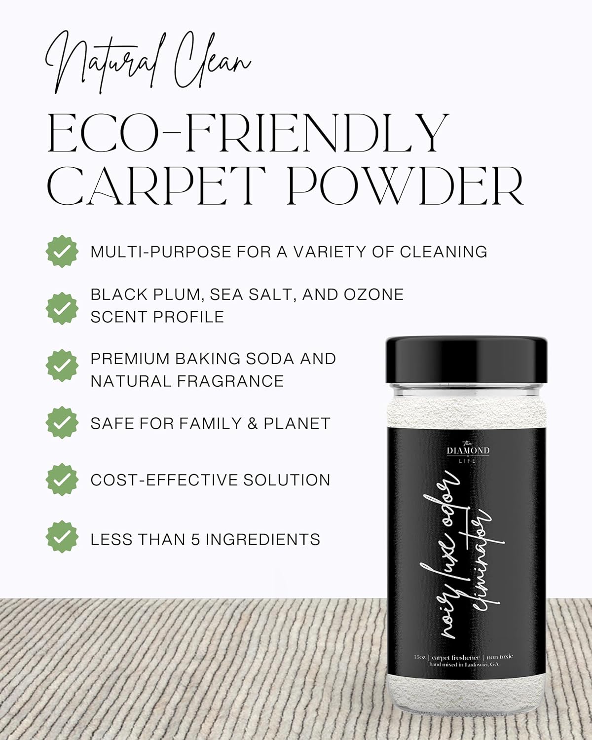 Home Noir Luxe Carpet Deodorizer Powder - Natural Odor Eliminator for Carpet, Upholstery, Pet Urine - Pet-Friendly - Black Plum, Sea Salt & Ozone Scent, Spring Cleaning