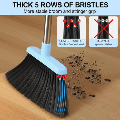 BSKLIN Broom and Dustpan Set, 52” Long Adjustable Handle Broom with Dustpan Combo Set with Dust Pan Teeth to Clean Hair for Home Lobby Office (Pink)