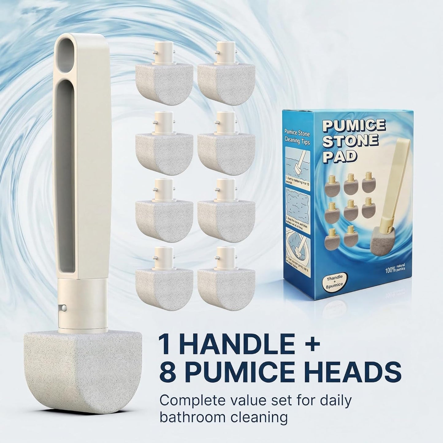 8-Pack Pumice Stone Toilet Cleaner with Long Handle - Hard Water & Limescale Remover, Non-Scratch Multi-Surface Scrubber, Disposable Refill Heads for Bathroom & Kitchen