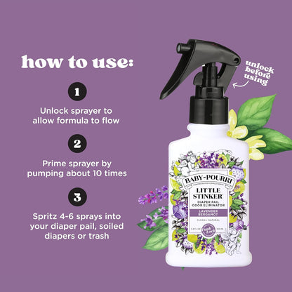 Baby-Pourri Little Stinker Diaper Pail Deodorizer Spray, 3.4 Fl Oz, Up to 150 Uses, Odor Freshener with Essential Oils, Nursery Essentials, Lavender, Bergamot, Eucalyptus & Vanilla Scent