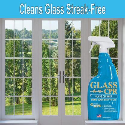 Glass CPR 2-in-1 Glass Cleaner and Water Repellent, 22 oz Spray plus 2 Microfiber Applicator Towels, Streak-Free for Shower Doors, Windshields, Mirrors, Hard Water Stain Formula, Made in USA