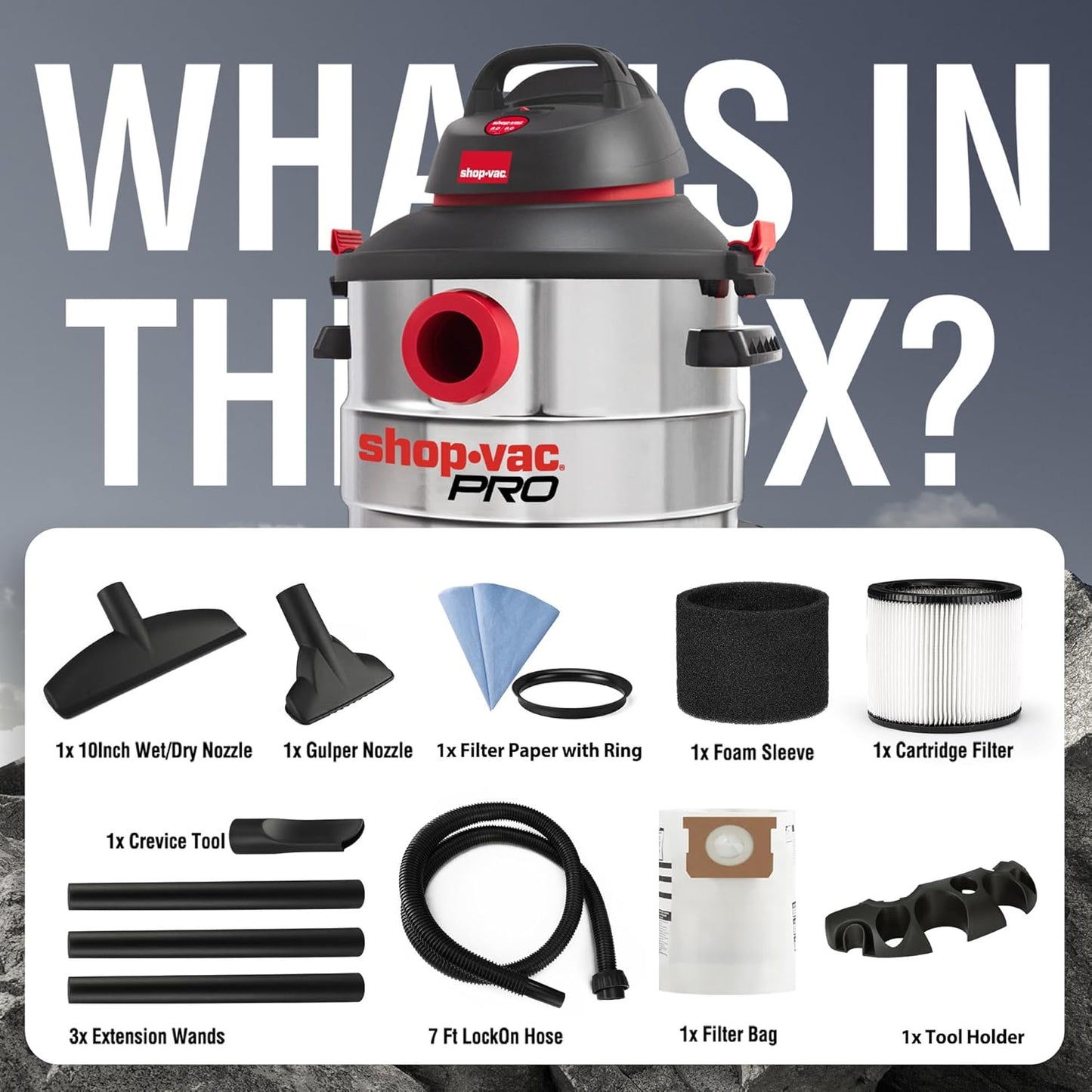 Shop-Vac 12 Gallon 6.0 Peak HP Wet/Dry Vacuum, Stainless Steel Tank, 3 in 1 Function Portable Shop Vacuum with Attachments, Drain Port, Ideal for Jobsite, Garage & Workshop. 5926211