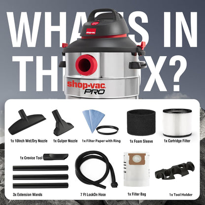 Shop-Vac 12 Gallon 6.0 Peak HP Wet/Dry Vacuum, Stainless Steel Tank, 3 in 1 Function Portable Shop Vacuum with Attachments, Drain Port, Ideal for Jobsite, Garage & Workshop. 5926211