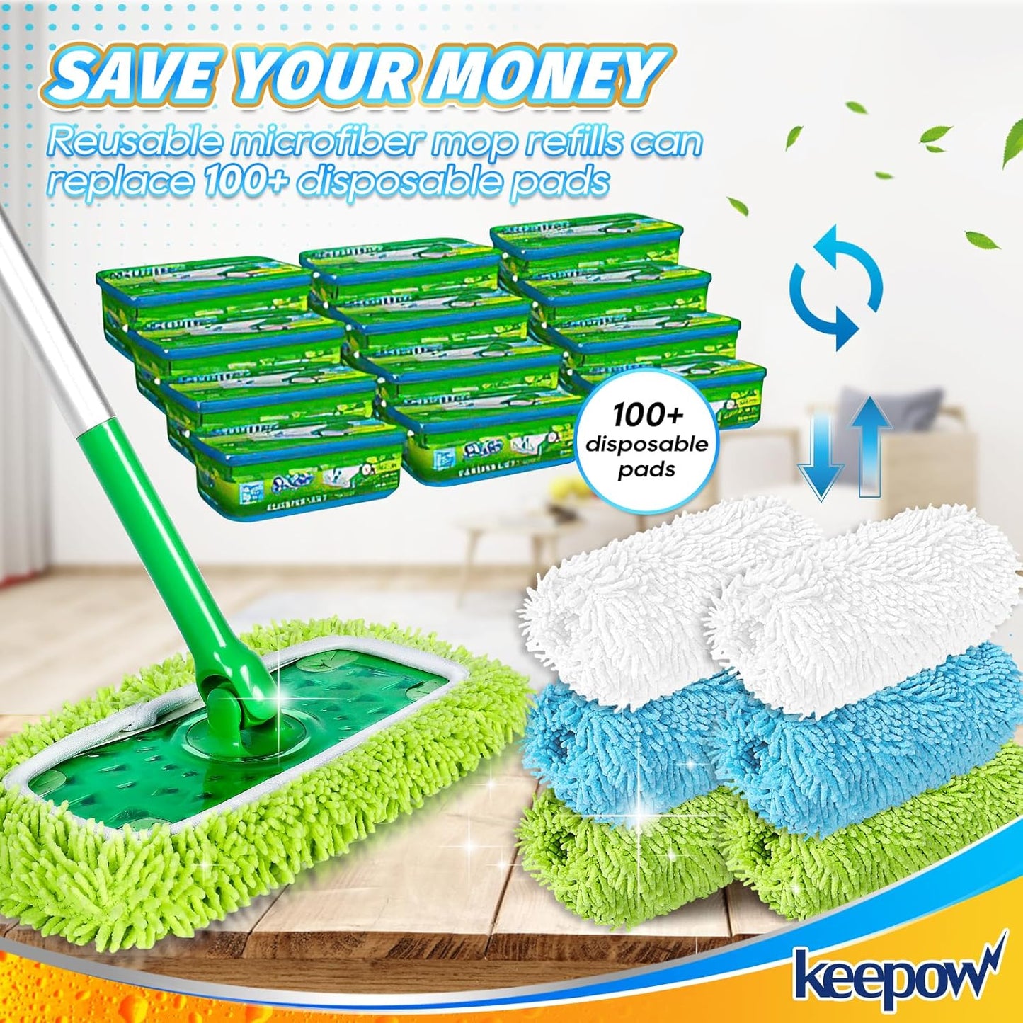 KEEPOW Reusable Microfiber Mop Pads Compatible with Swiffer Sweeper, Dry Sweeping Cloths, Washable Wet Mopping Cloth Refills for Hardwood Floor Cleaning, 6 Pack