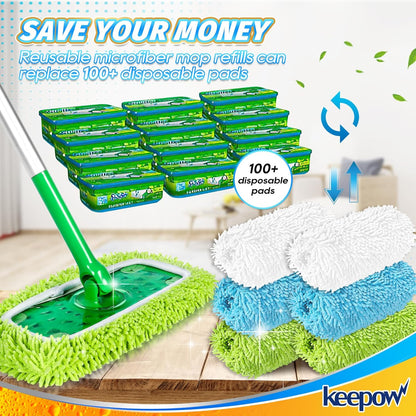 KEEPOW Reusable Microfiber Mop Pads Compatible with Swiffer Sweeper, Dry Sweeping Cloths, Washable Wet Mopping Cloth Refills for Hardwood Floor Cleaning, 6 Pack