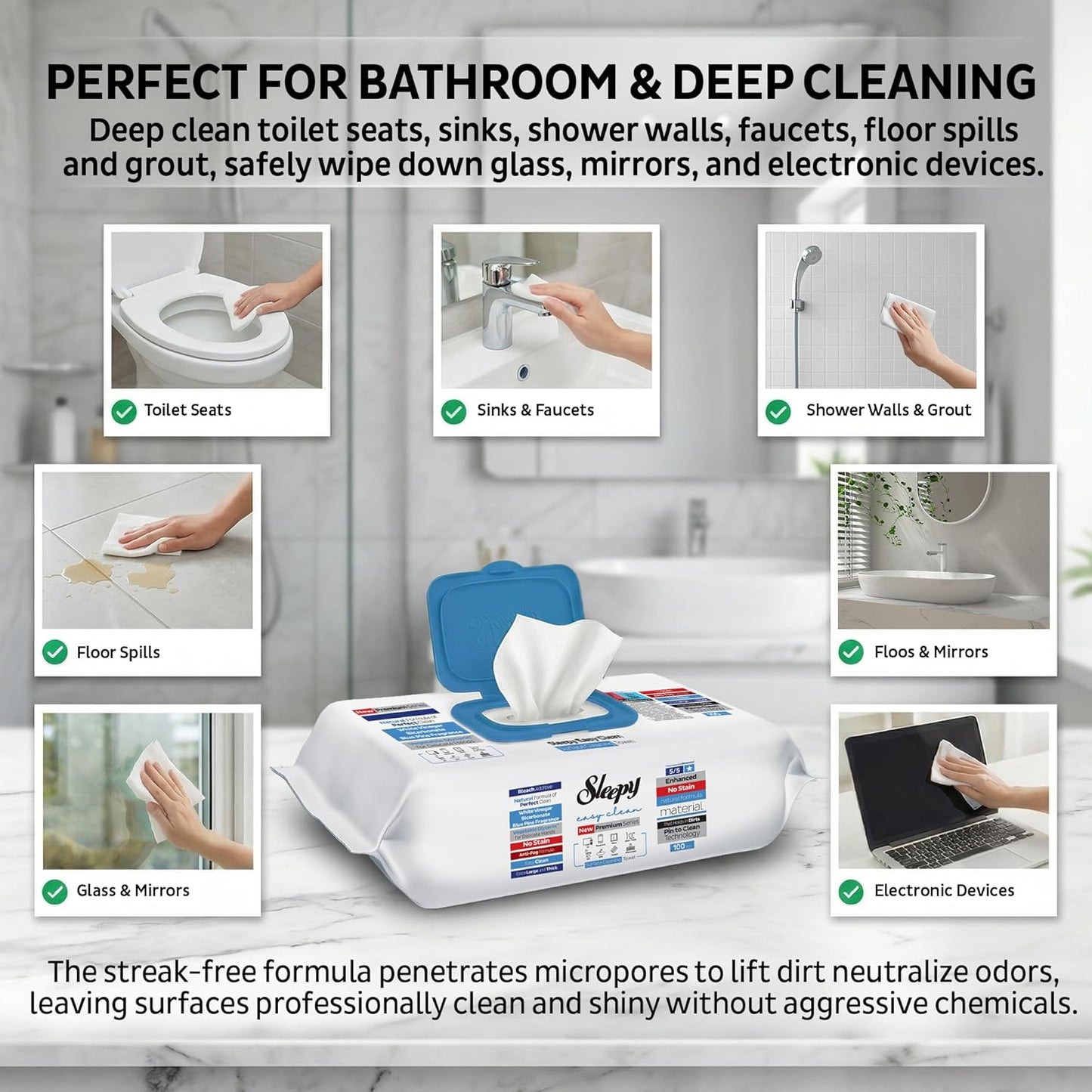Sleepy Easy Clean XL Multi Surface Cleaning Wipes (100 Count) – Natural Vinegar & Baking Soda Formula – Jumbo 8"x8" All Purpose Wet Wipes for Kitchen, Bathroom, Glass & Electronics – No Streak