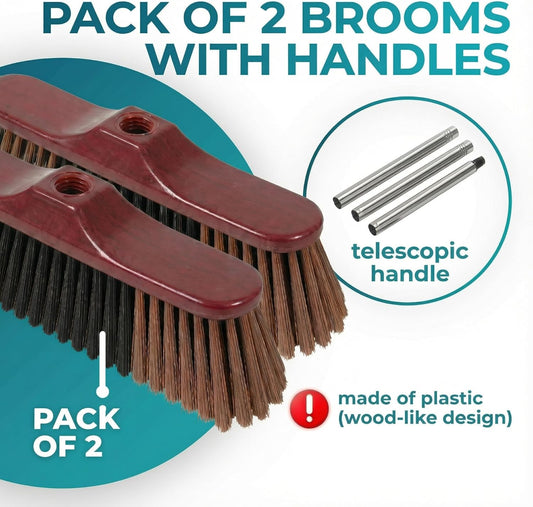 HELOMOR Indoor Broom with Dustpan Combo Set, Long Handle Floor Sweeping Broom for Kitchen, Garage, Office, Bathroom, Wood & Parquet Floors (2 Pack)