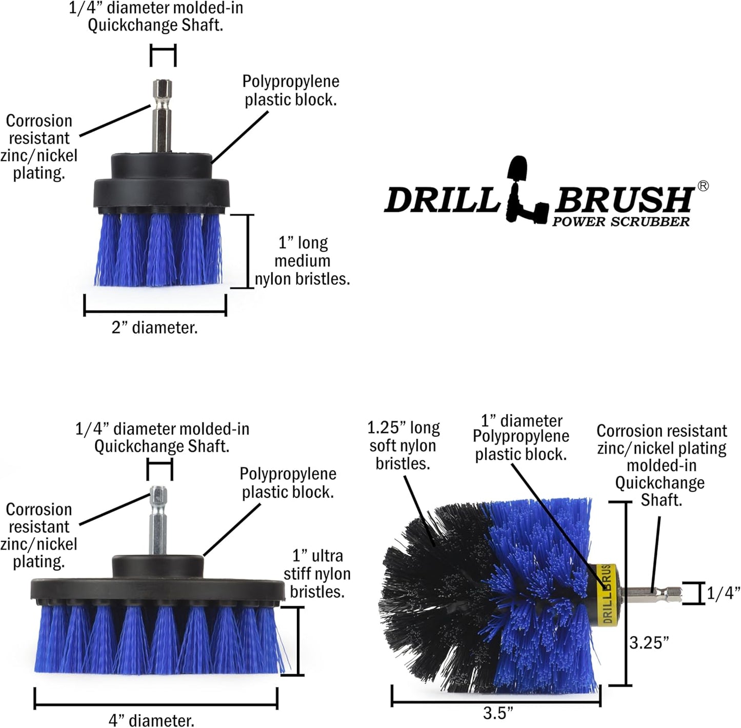 Drillbrush Drill Brush Attachment Set for Bathroom Cleaning – Power Scrubber Brush Kit for Tub, Tile, Shower, and Grout – All-Purpose Household Cleaning Brushes for Drill - Electric Grout Cleaner Kit