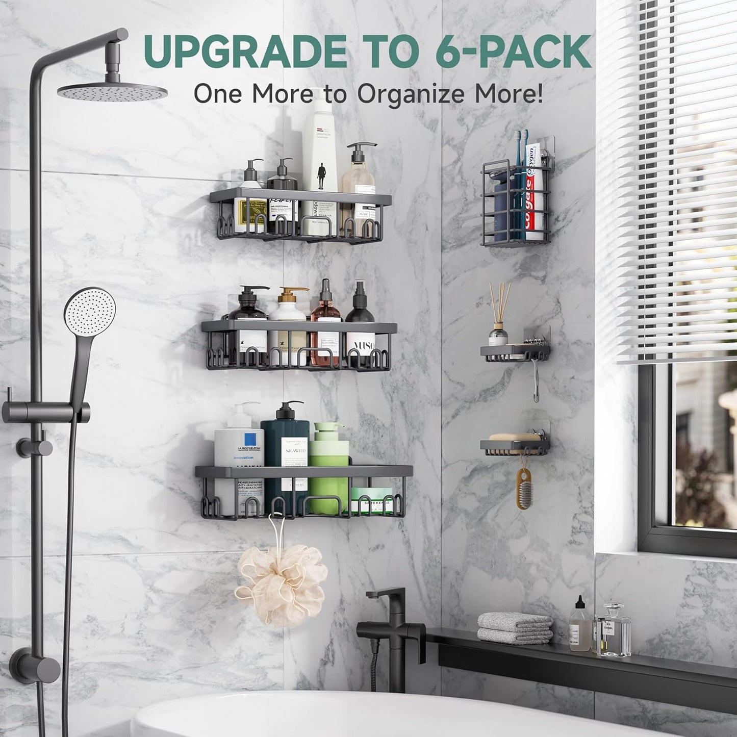 Veken Shower Caddy 6-Pack, Advanced Rustproof Design, No Drilling Adhesive Shelves, Rack with Soap Holder, Large Capacity Bathroom Organizers and Storage, Wall-Mounted, Gifts for Women Mom