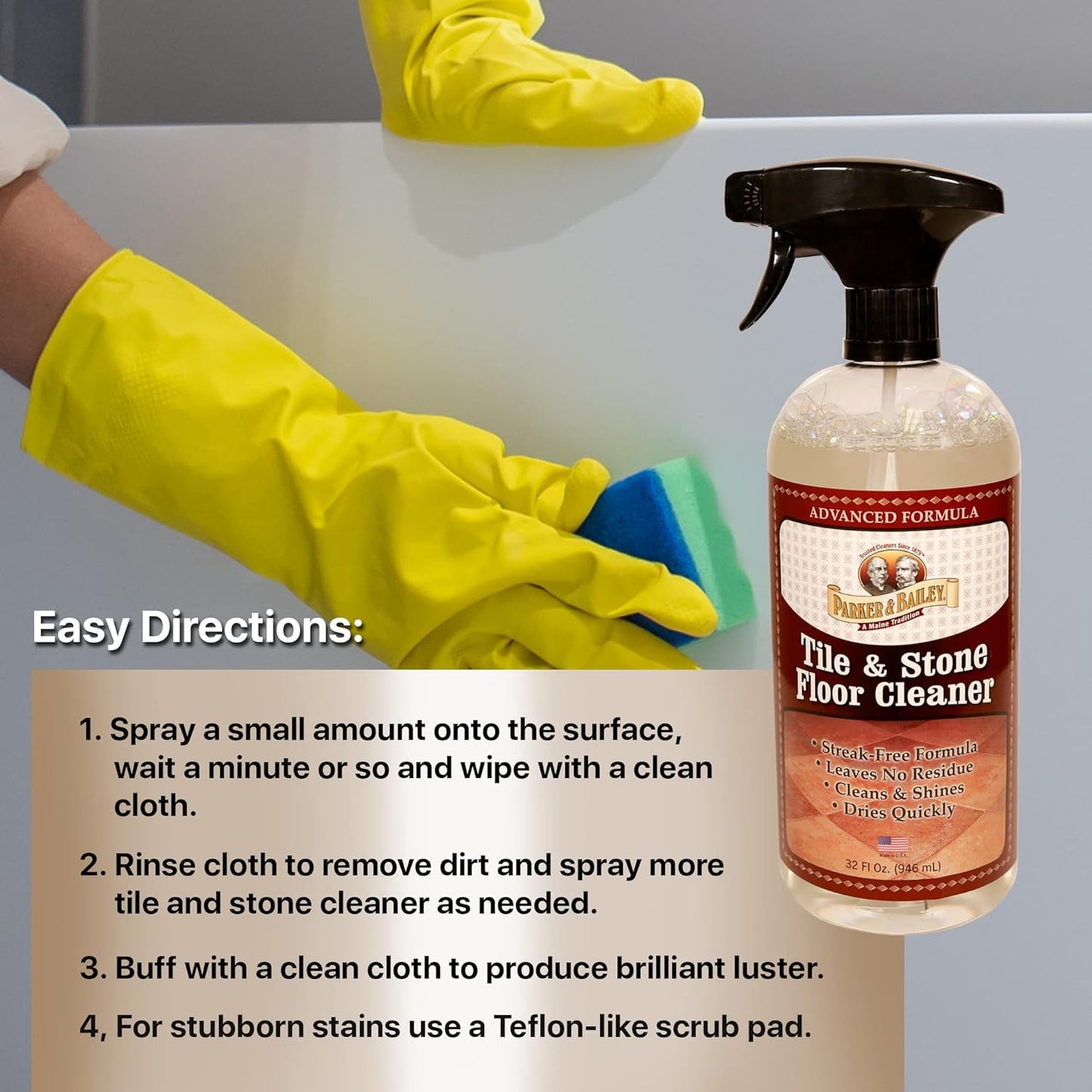 Parker & Bailey Tile & Stone Cleaner - Granite Countertop Kitchen Island Cleaning Spray Marble Tile Slate Quartz Daily Granite Bathroom Counter - 32 oz