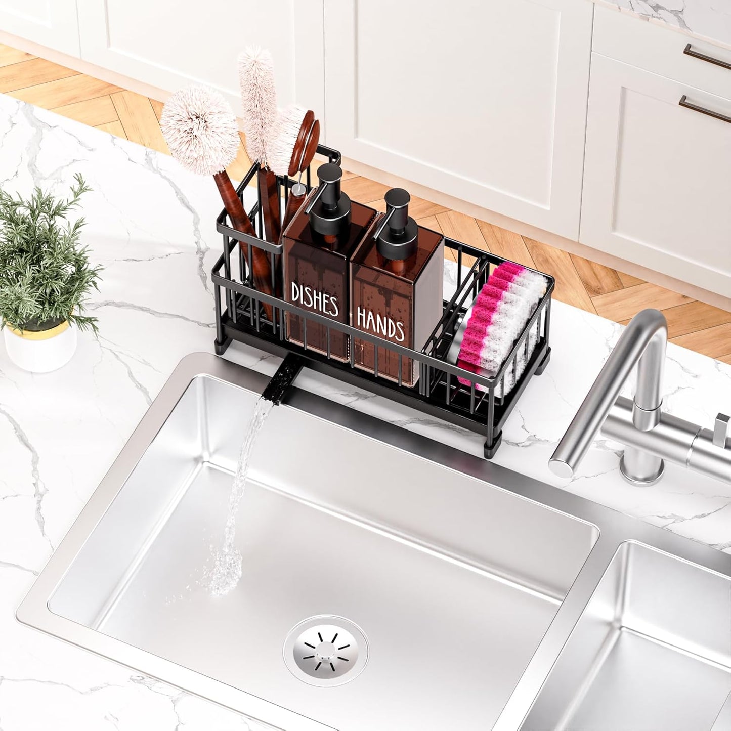 Cisily Kitchen Soap Dispenser Set with Sink Caddy, 12 Oz Glass Bottle, Hand and Dish Soap Dispenser Set with Sponge Holder, Black Stainless Steel Kitchen Countertop Sink Organizer Accessories