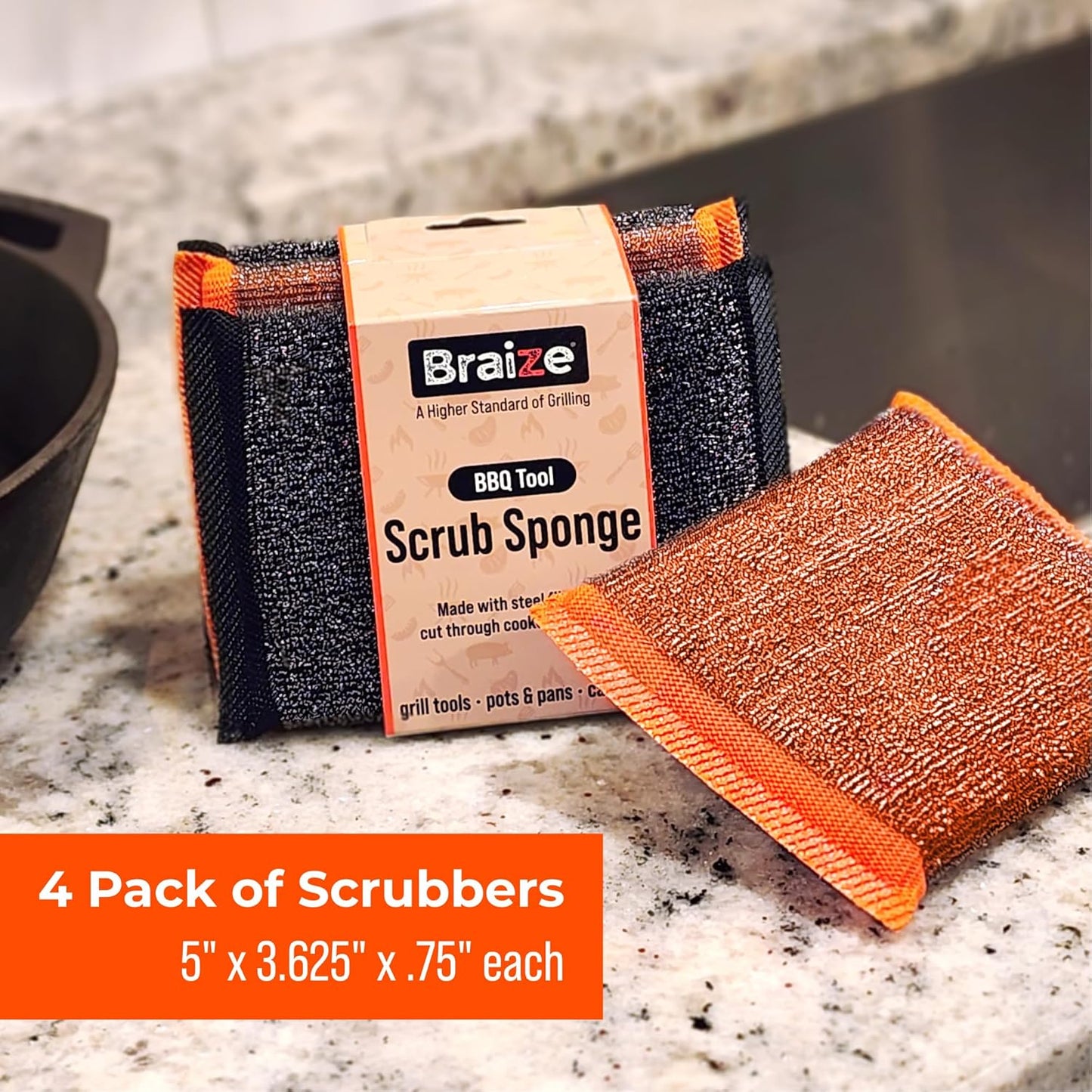Heavy-Duty Steel Wool Scrubber Sponges 4 Pack – Stainless Steel Cleaning Pads for Dishes, Pots, Pans, Grills & Ovens – Durable Multi-Surface Kitchen Scrubbing Tools for Tough Grease & Burnt Food
