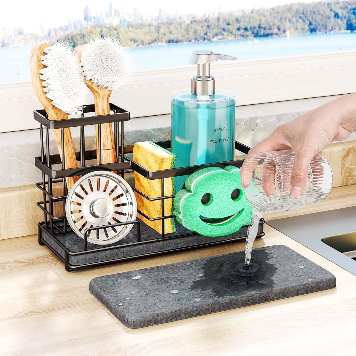 SWTYMIKI Sponge Holder for Kitchen Sink - 2 Tier Rustproof Sink Caddy with Instant Drying Stone, Removable Dish Brush Holder, Stainless Steel Kitchen Caddy for Coutertop Storage Accessories