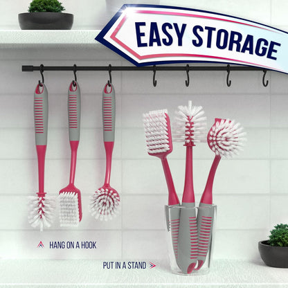Dish Brush Set of 5 with Holder - Kitchen Scrub Brushes with Non-Slip Long Handle for Cleaning, Scrubber, Dishwashing, Dishes, Bottles, Straws, Cups, Pots & Sink, Black