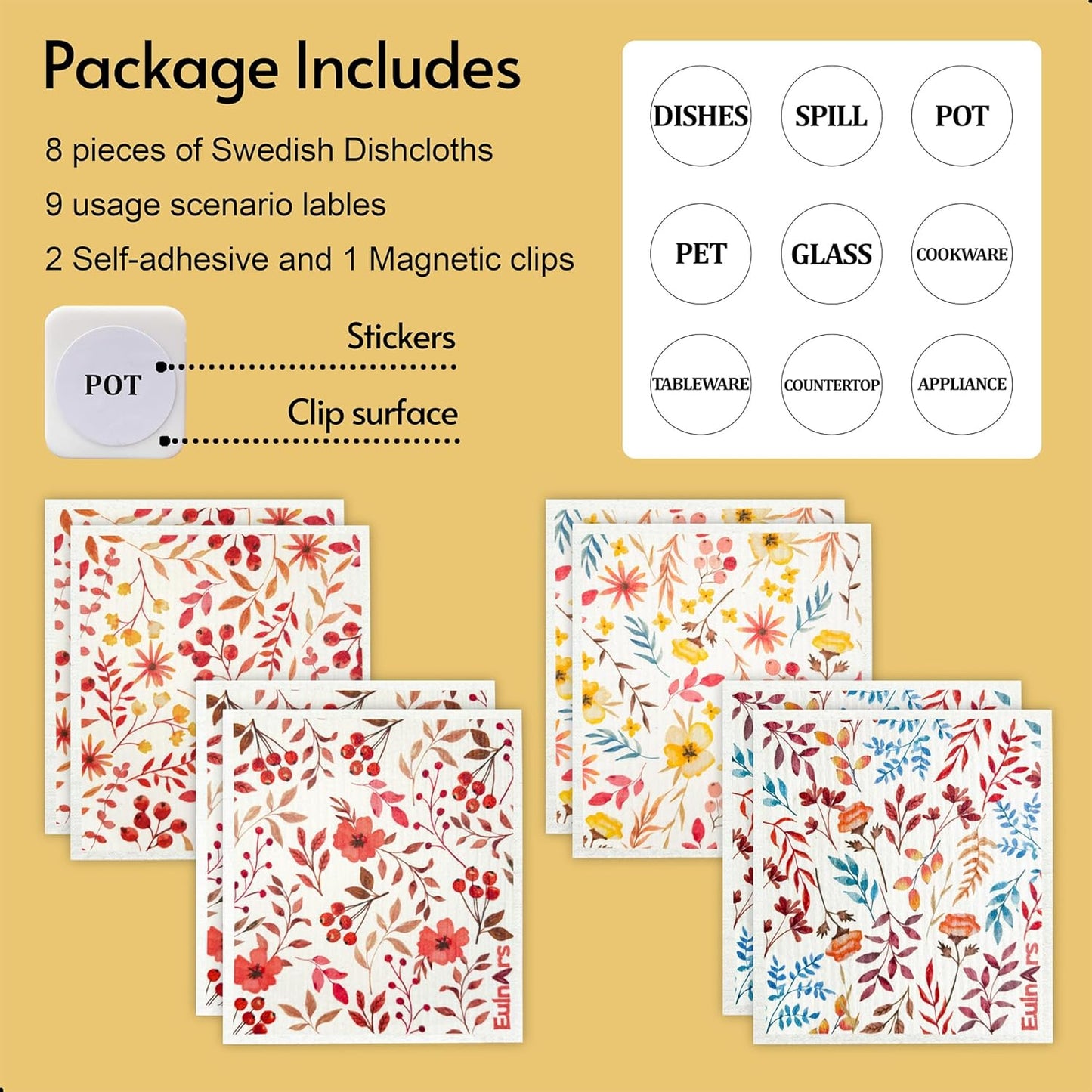 Eulnars Swedish Dishcloths for Kitchen, 8 Pack Reusable Paper Towels with Clips, Non-Scratch Swedish Kitchen Towels, Super Absorbent Cellulose Sponge Cloths, Dishwasher Safe, No Odor