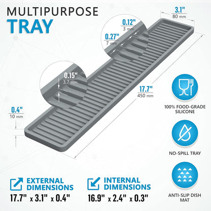 ZAPPOWARE Silicone Kitchen Sink Caddy Sponge Holder 11"x 4.33", Gray - Bathroom Vanity Tray Organizer, Kitchen Soap Tray for Dish Scrubber, Soap Dispenser and Sponge