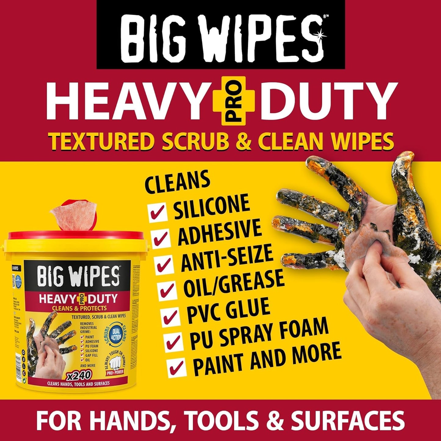 BIG WIPES Heavy Duty Industrial Hand Cleaning Wipes, Textured Scrubbing Degreaser Wipes for Mechanics and Tool Cleaner – 240 Count Bucket (1 Pack)
