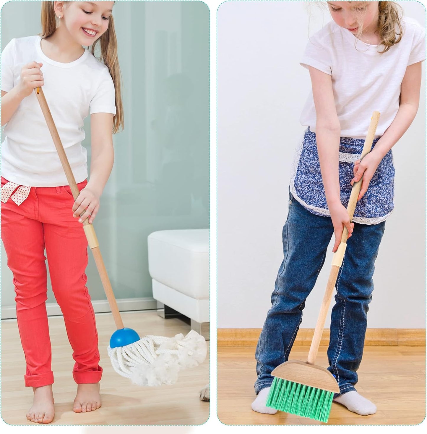 Kids Cleaning Set, 8 Pcs Wooden Housekeeping Play Set Includes Broom Mop Duster Dustpan Brushes Rag and Organizing Stand, Cleaning Toys Gift for Toddlers Girls Boys Age 3-6, Solid Beech Wood