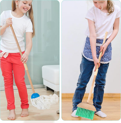 Kids Cleaning Set, 8 Pcs Wooden Housekeeping Play Set Includes Broom Mop Duster Dustpan Brushes Rag and Organizing Stand, Cleaning Toys Gift for Toddlers Girls Boys Age 3-6, Solid Beech Wood