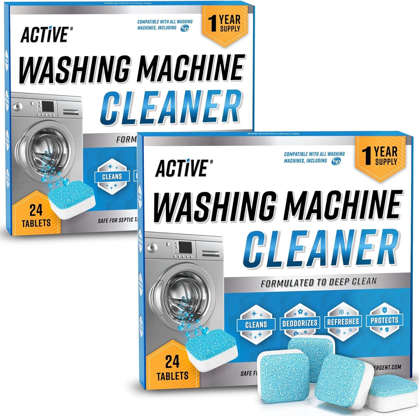ACTIVE Washing Machine And Dishwasher Cleaning Tablets Bundle - Includes 12 Month Supply Dishwasher Cleaner Deodorizer & Washing Machine Descaler Deep Cleaning Tablets - 48 Tablet Set