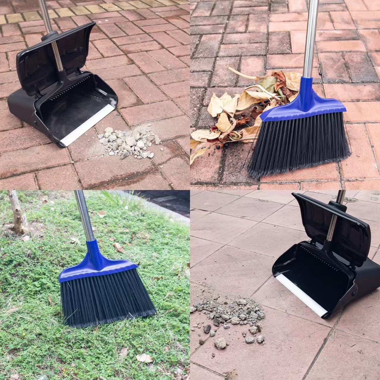 Indoor/Outdoor Heavy Duty Broom and Dustpan Set,Upright Plastic Commercial Dust Pan with 2 Brooms Perfect for Sweeping Courtyard Garage Lobby Kitchen Office Mall Market Shop Floor