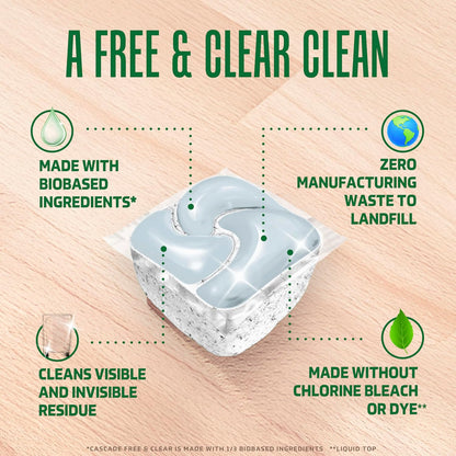 Cascade Free & Clear Dishwasher Pods, Dishwasher Detergent, Dish Detergent Soap, Unscented, 62ct