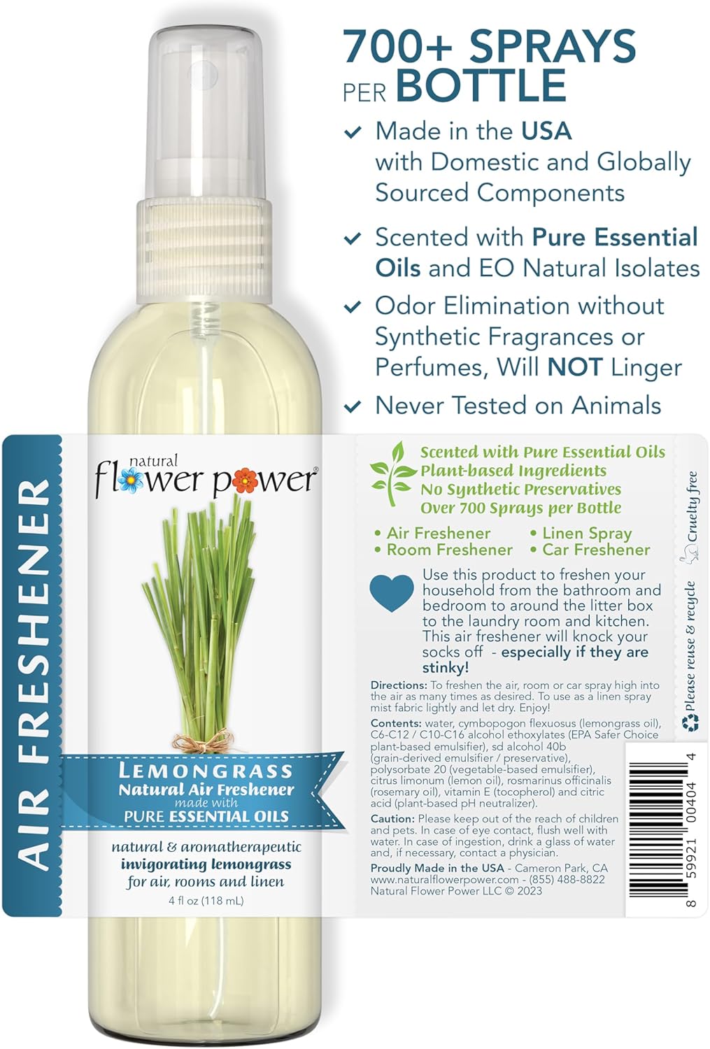 Natural Flower Power Air Freshener Spray - Odor Eliminator with Essential Oils for Home, Car & Fabric - Cruelty Free & Vegan - Variety Pack - Citrus & Spice + Lavender + Lemongrass - 3 x 4 fl oz