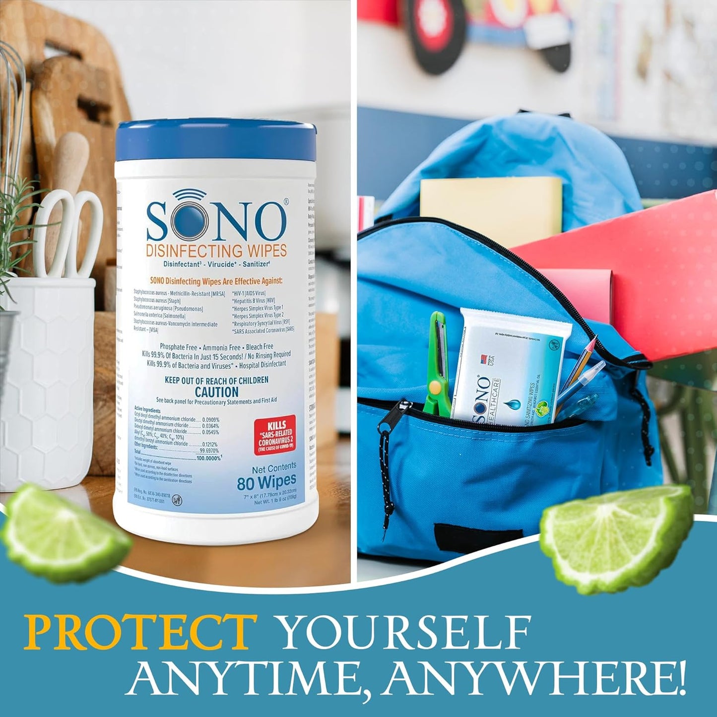 SONO Disinfecting Wipes - Alcohol-Free, No Bleach, Medical-Grade I Multi-Surface Cleaning for Home, School, Office, Hospital, Gym I Gentle on Electronic Devices I Everyday Use I 80 CT