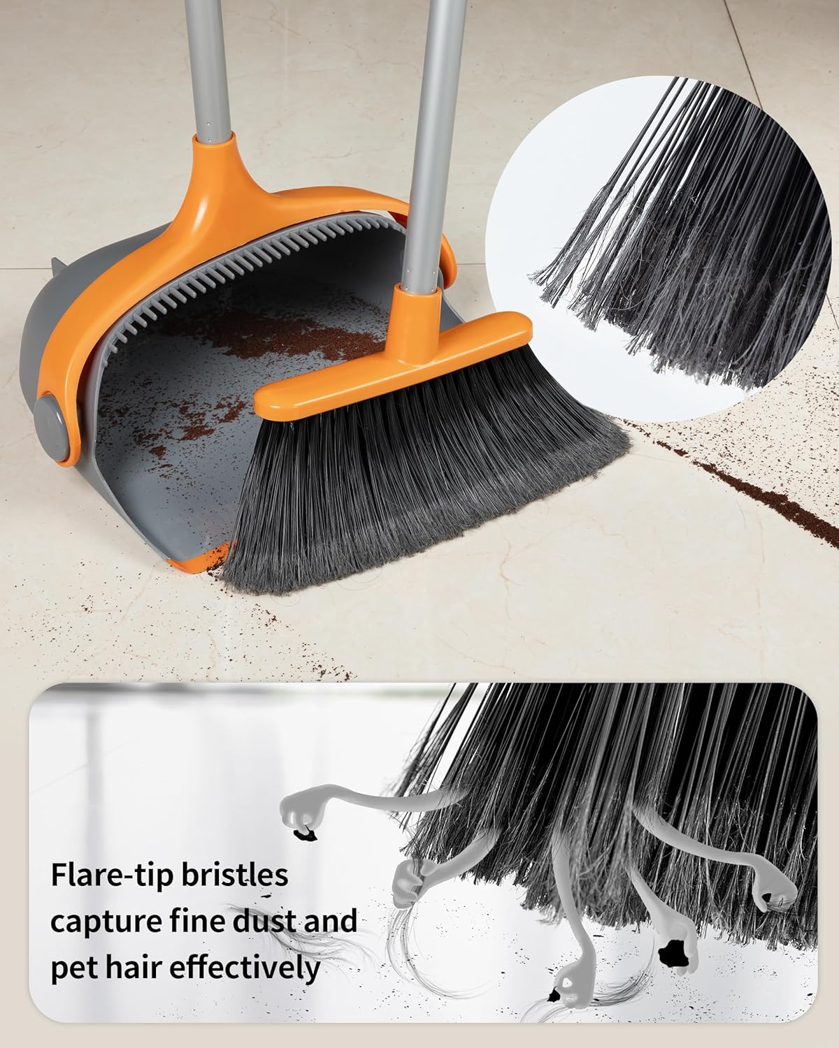 MR.SIGA Broom and Dustpan Set with Adjustable Long Handle, Upright Combo for Floor, Cleaning Lobby, Gray