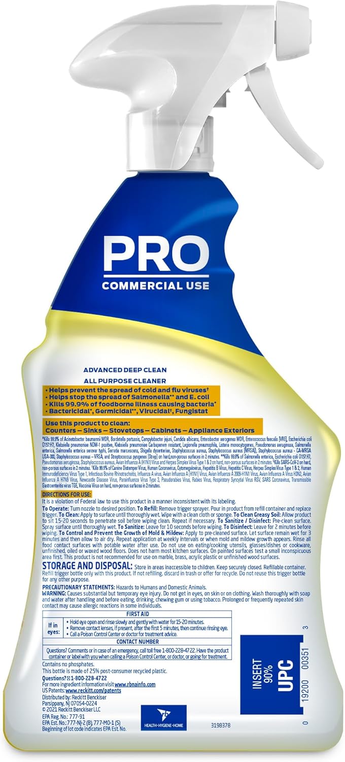 Lysol Pro All-Purpose Cleaner, Advanced Deep Cleaning Sanitizing and Disinfecting Spray, For Commercial Use, Use to Clean and Deodorize, Lemon Breeze Scent, 32oz (Pack of 1)