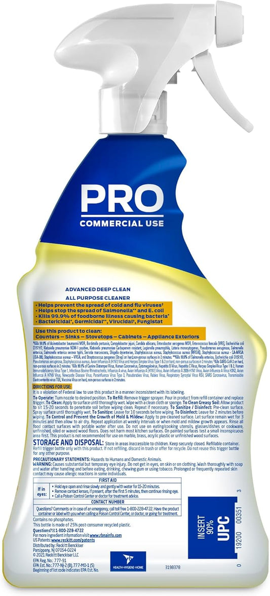 Lysol Pro All-Purpose Cleaner, Advanced Deep Cleaning Sanitizing and Disinfecting Spray, For Commercial Use, Use to Clean and Deodorize, Lemon Breeze Scent, 32oz (Pack of 1)