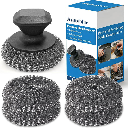 5-Pack Steel Wool Scrubber, Stainless Steel Scrubber Wire Sponge Pads with Handle, Pan Cleaning Scrubber for Scouring Stubborn Messes from Cast Iron, Frying Pan, Oven, Grill, Heavy Duty Pot Scrub