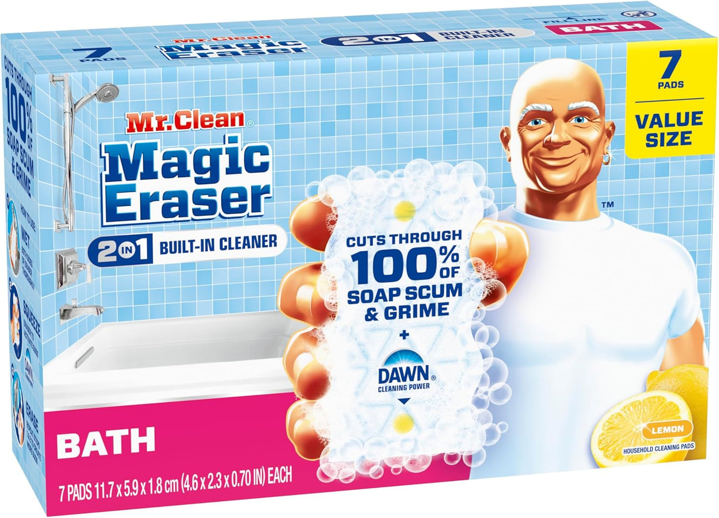 Mr. Clean Magic Eraser Sponge, Bathroom, Shower, Tub Cleaner, Soap Scum Remover, Bathroom Cleaning Supplies, Dawn Cleaning Power with Lemon Scent, Shower & Tub, 6ct