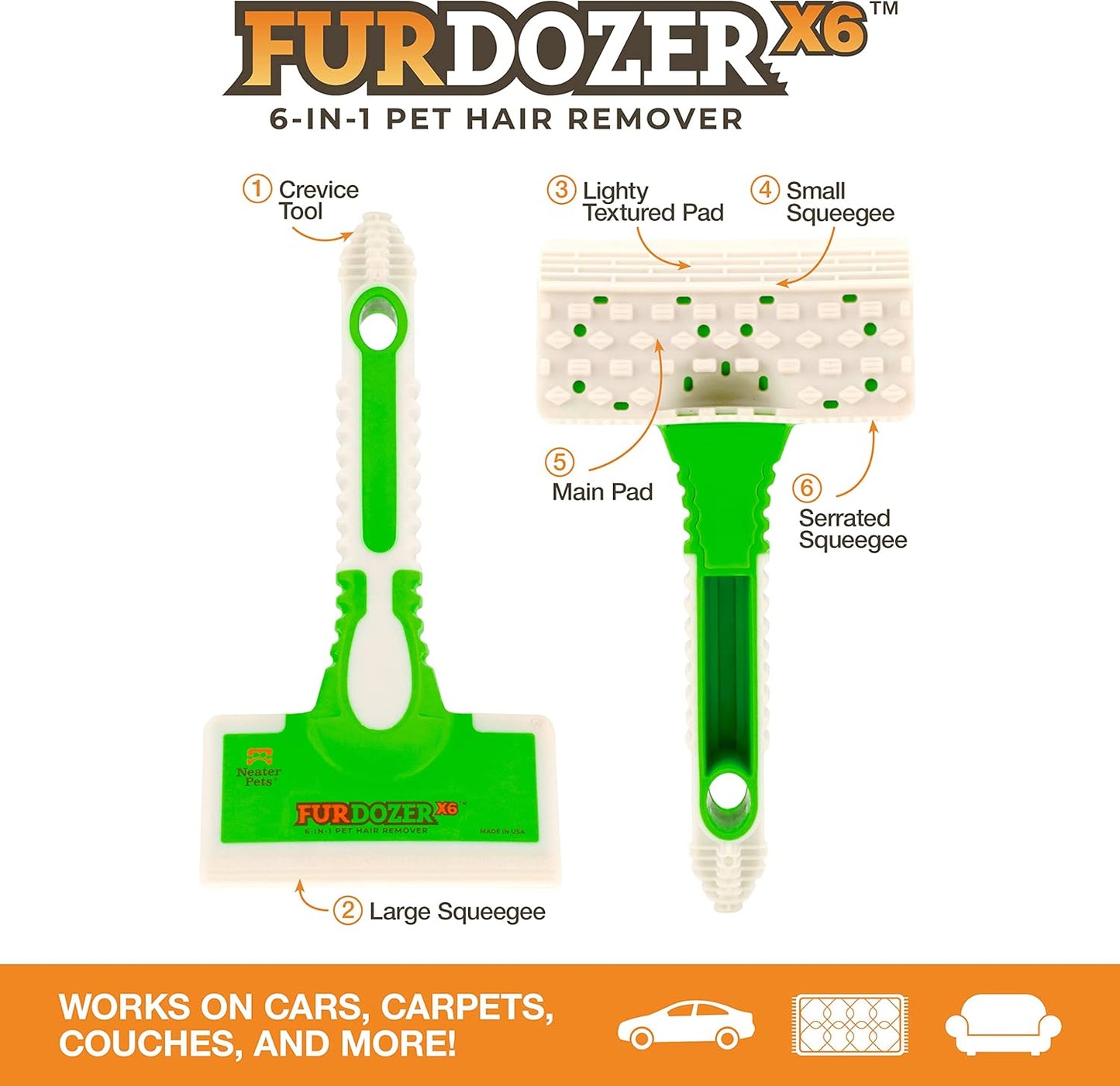 FurDozer Pet Hair Remover & Auto Detailing Tools - Cat & Dog Hair Remover for Carpets, Car Interiors, Couches, Bedding, & Pet Furniture (Gray, X3 PRO - 5" Long)