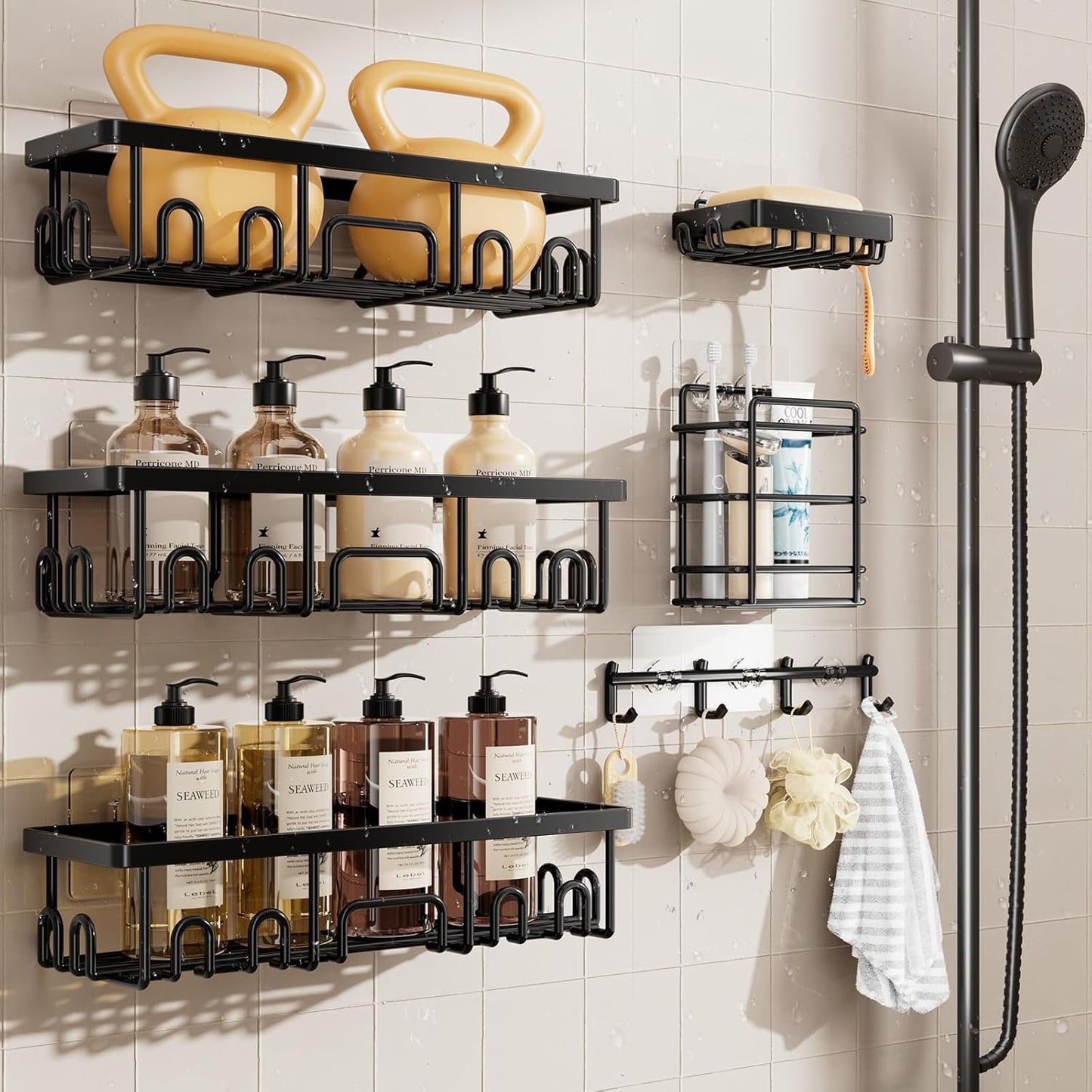 Veken Shower Caddy 6-Pack, Advanced Rustproof Design, No Drilling Adhesive Shelves, Rack with Soap Holder, Large Capacity Bathroom Organizers and Storage, Wall-Mounted, Gifts for Women Mom