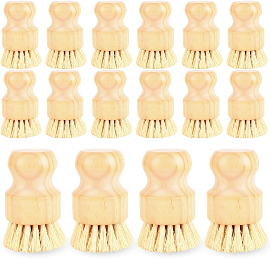 16 Pack Bamboo Dish Scrub Brushes Set Kitchen Pot Pans Cleaning Brushes Scrubber Sisal Bristles Wooden Brushes for Iron Pot Dishwashing Sink Vegetables