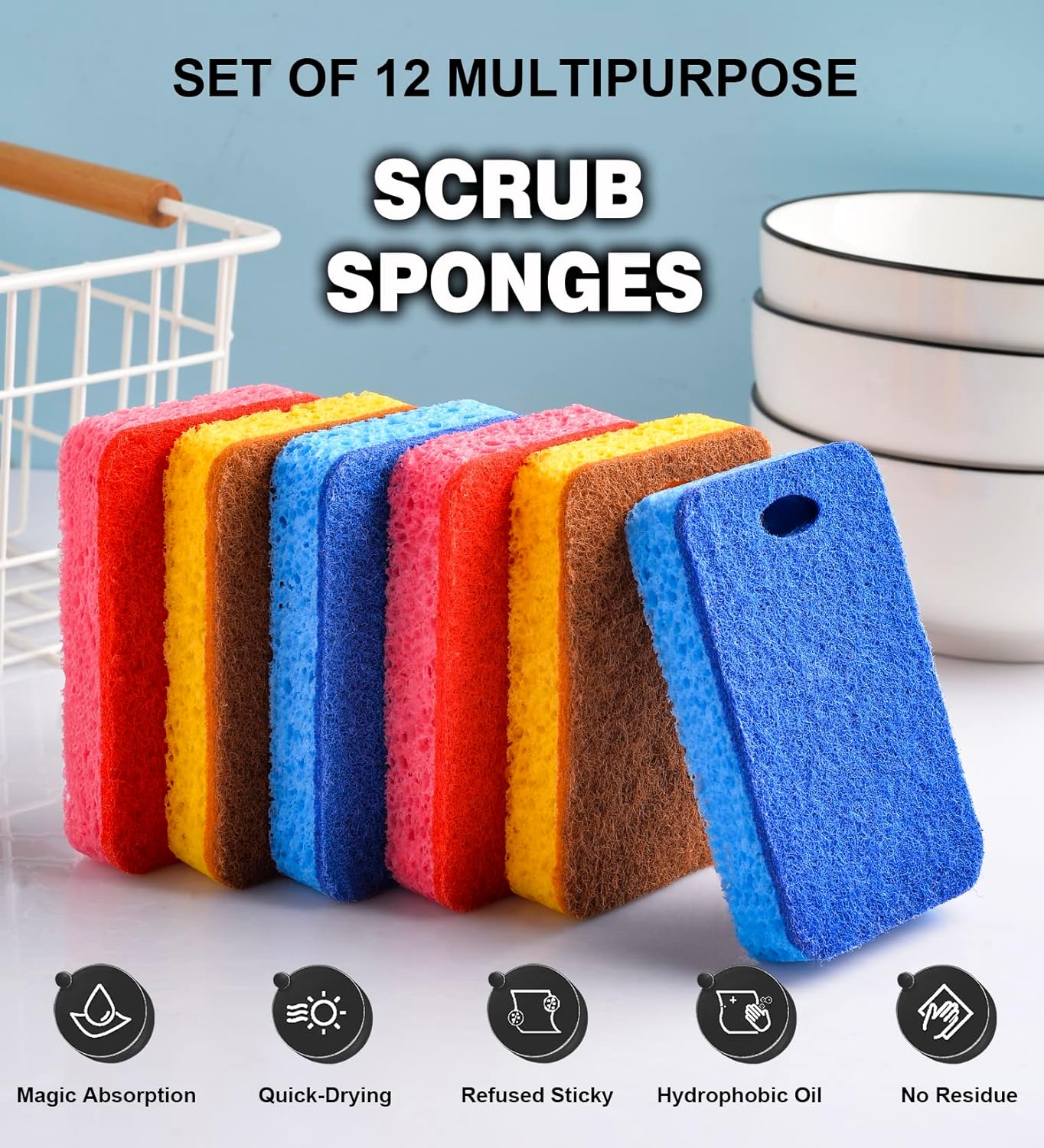 METUUTER 12-Count Scrub Sponges Kitchen Sponge Heavy Duty, Cellulose Sponges with Scouring Pads Dual-Sided for Kitchen and Household Use (Square-Blue)