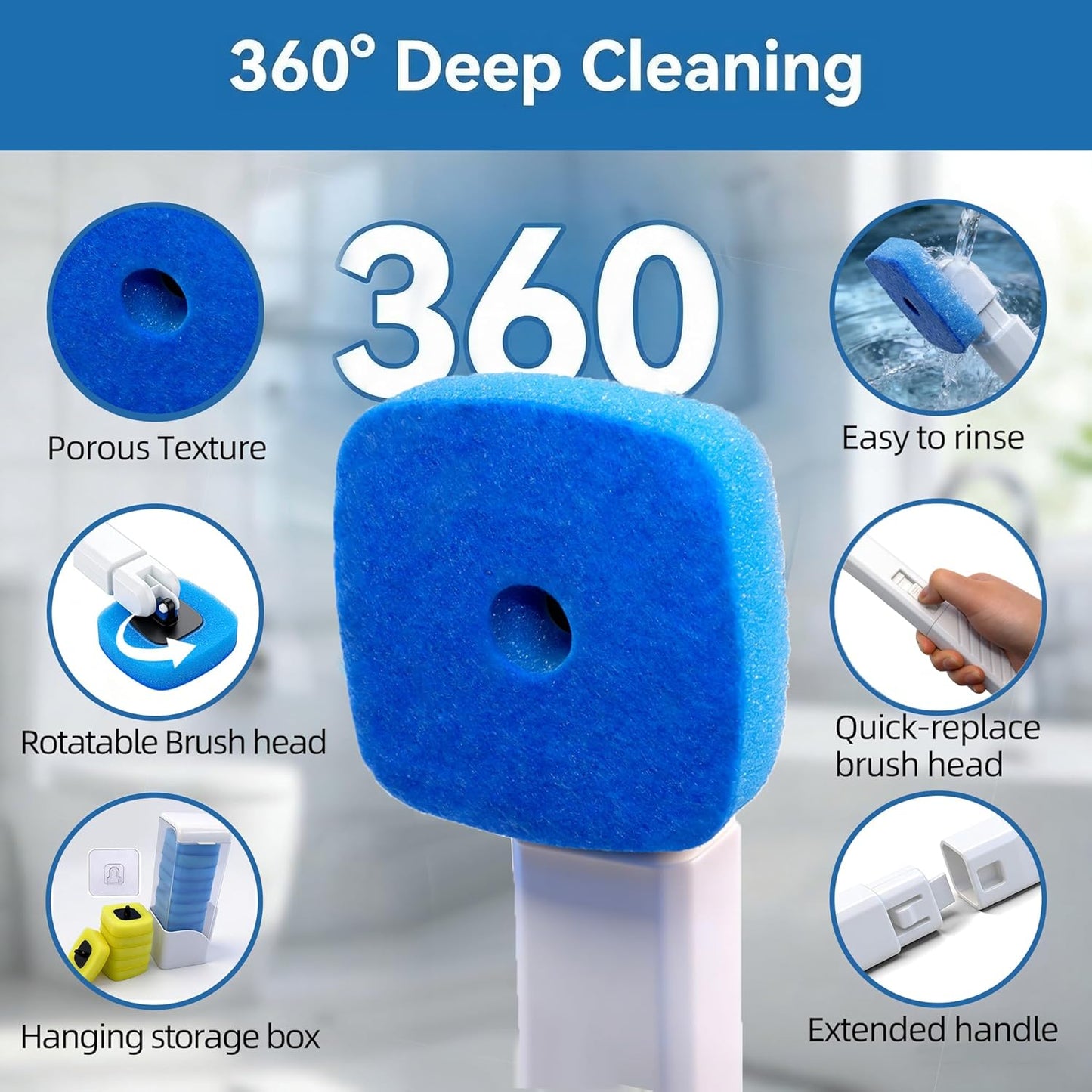 Disposable Toilet Bowl Brush with 12 Refills, Plastic Handle, Blue and Yellow, Dual-Color Sponge Heads, Toilet Cleaning Starter Kit (Yellow Refills)
