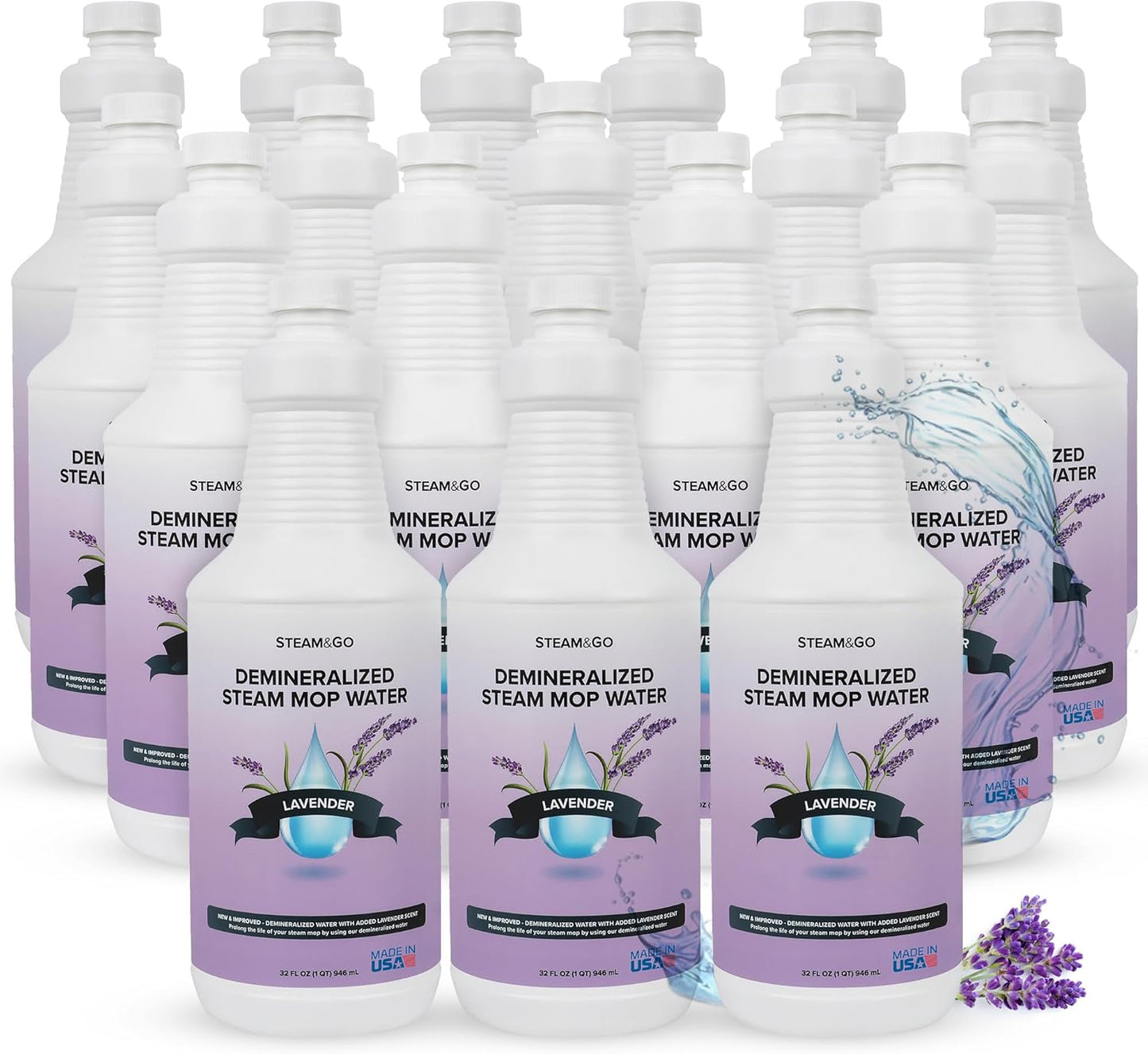 Steam & Go Demineralized Water for Steam Cleaner - PVC-Free Floor Cleaning Solution Compatible for All Steam Mops - Multi-Surface Cleaner for Home Surfaces - Lavender Scent, 32 oz