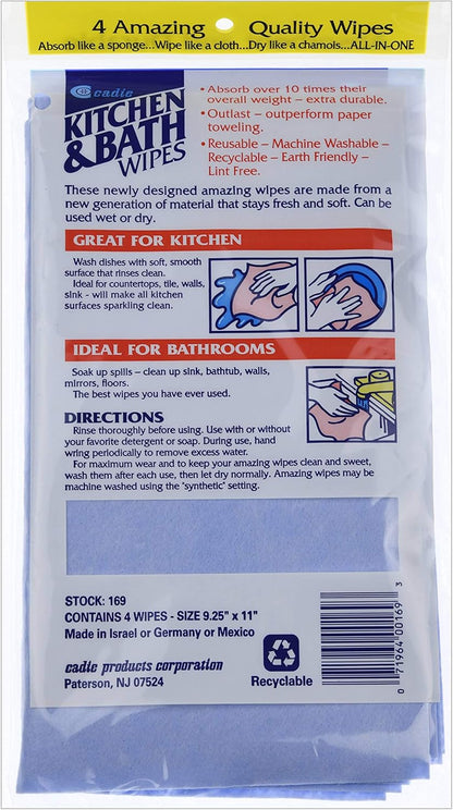 Kitchen and Bath Amazing Wipes-Absorbent and Reusable Cloth for Washing,Drying,Wiping in The Bathroom or Cuisine Surfaces|Cleaning Sink,Tiles,Bathtub,Walls,Mirror Or Floors (1 Pack-4 Wipes, Blue)