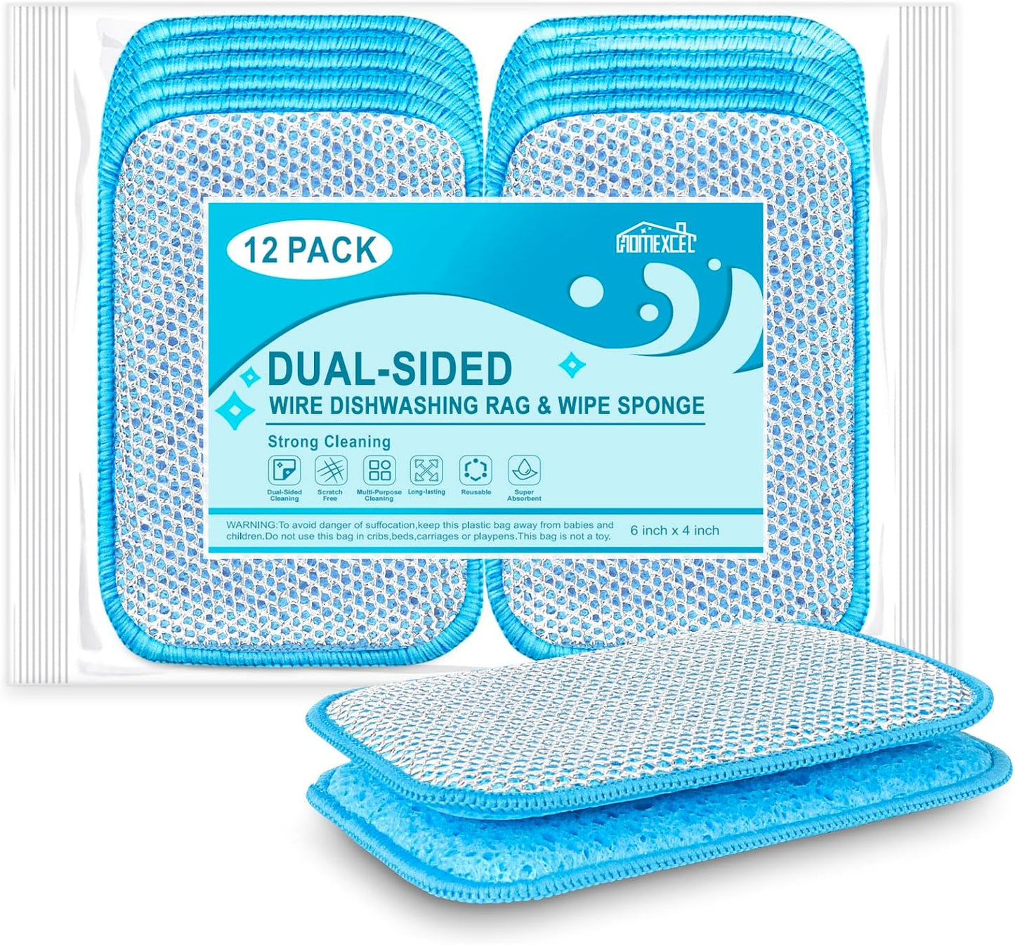 12 Pack Scrub & Wipe Cloths, Dual-Sided Sponges for Kitchen, All-Purpose Cloth for Dishes, Pots, Pans, Non-Stick Cookware, Countertops (Red, Yellow, Blue)