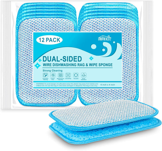 12 Pack Scrub & Wipe Cloths, Dual-Sided Sponges for Kitchen, All-Purpose Cloth for Dishes, Pots, Pans, Non-Stick Cookware, Countertops (Red, Yellow, Blue)